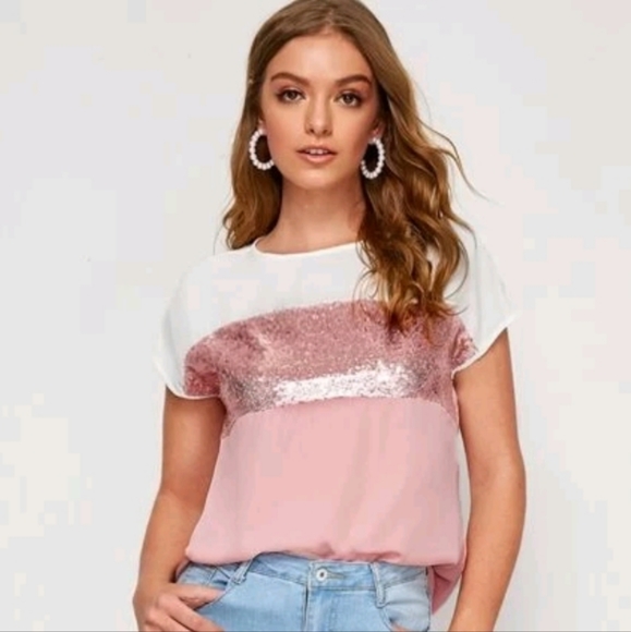 SHEIN Top with sequins. Pink and white color. Size M. - Picture 2 of 8